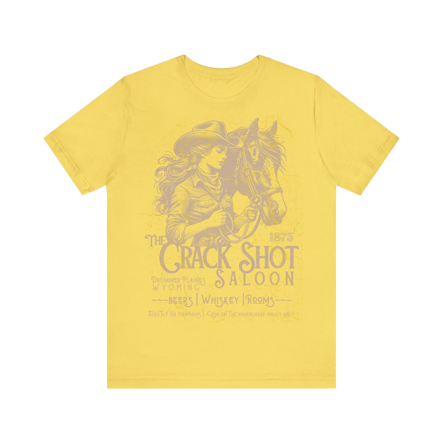 Yellow t-shirt with a graphic of a horse and person, and text on a white background
