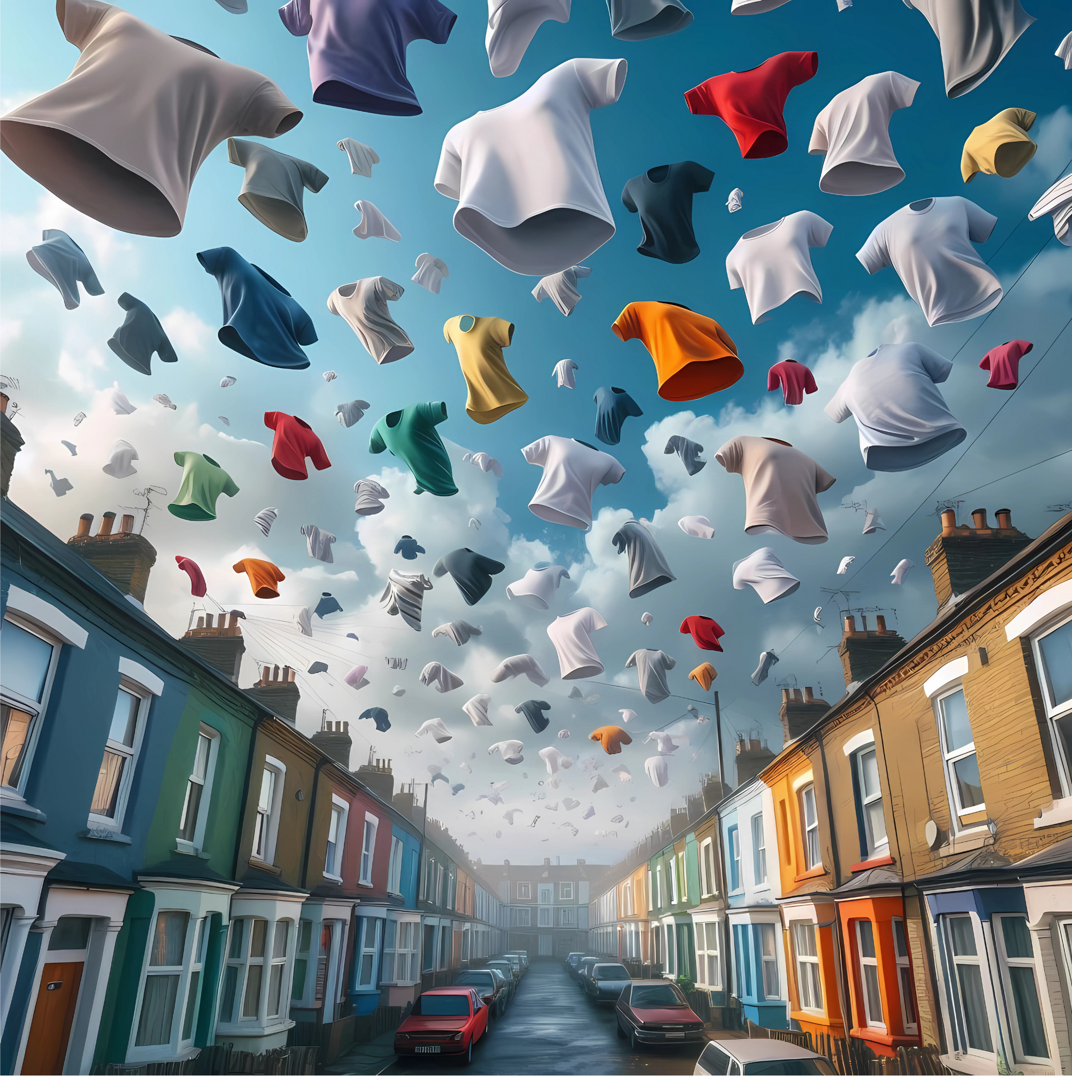 Colorful t-shirts floating above a street with houses