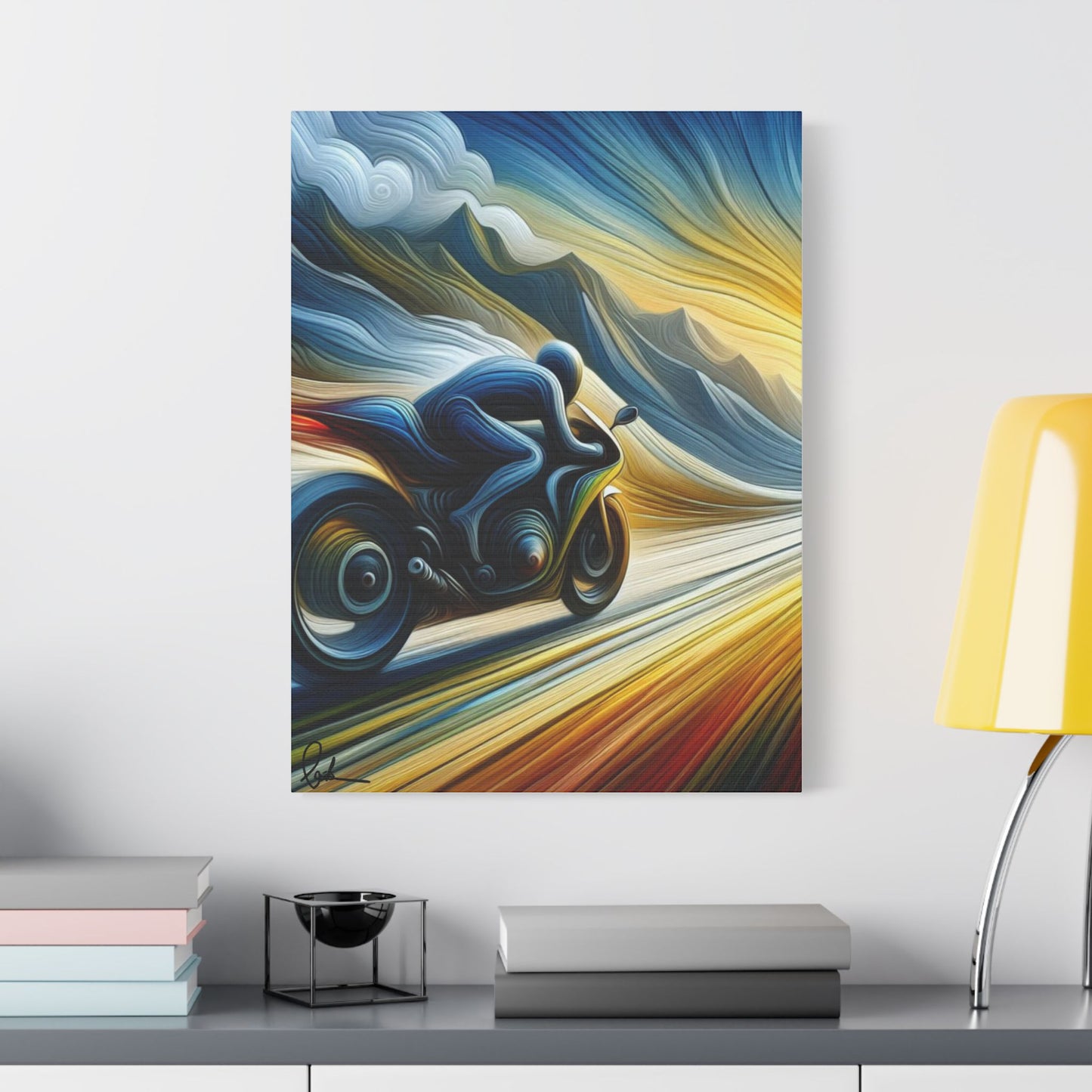 Abstract painting of a motorcycle on a wall above a shelf with books and decor items.