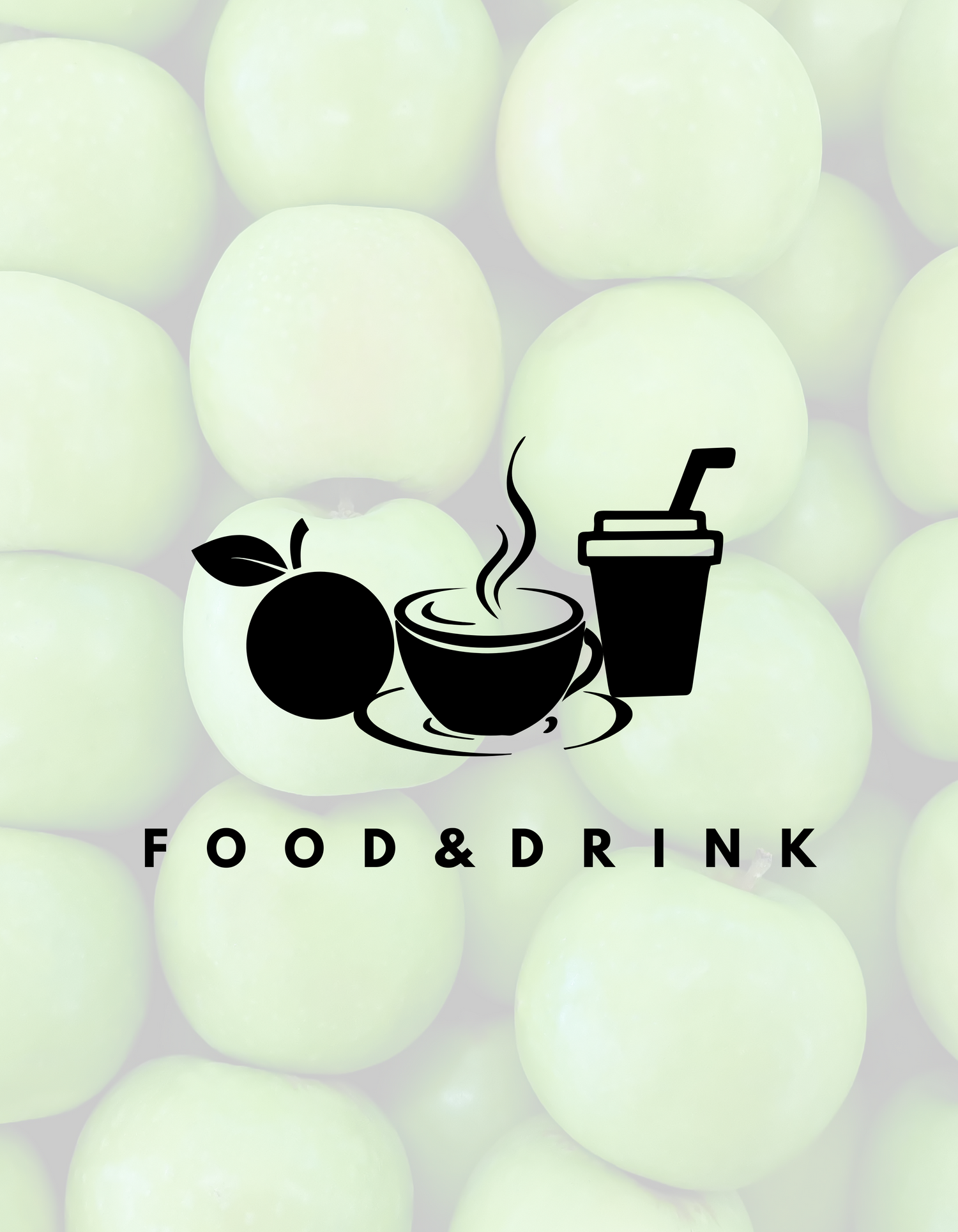Black icon set on a white background showing a whole fruit (likely an orange), a steaming cup on a saucer, and a takeaway cup with a straw. Below are the words “FOOD & DRINK” in bold black text and “COLLECTION” in grey.