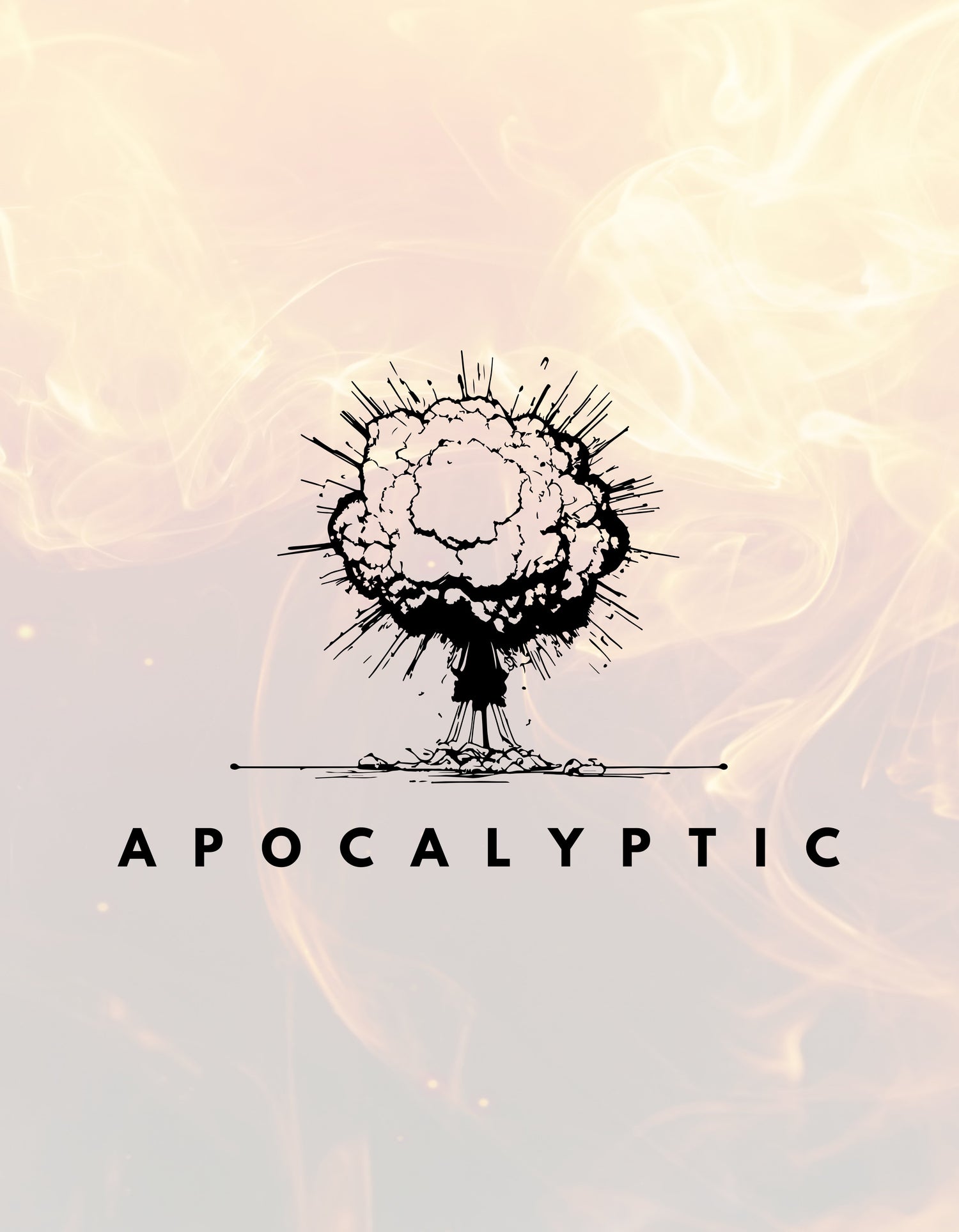 Black and white sketch-style illustration of a nuclear mushroom cloud explosion. Below the illustration are the words “APOCALYPTIC” in bold black letters and “COLLECTION” in grey.