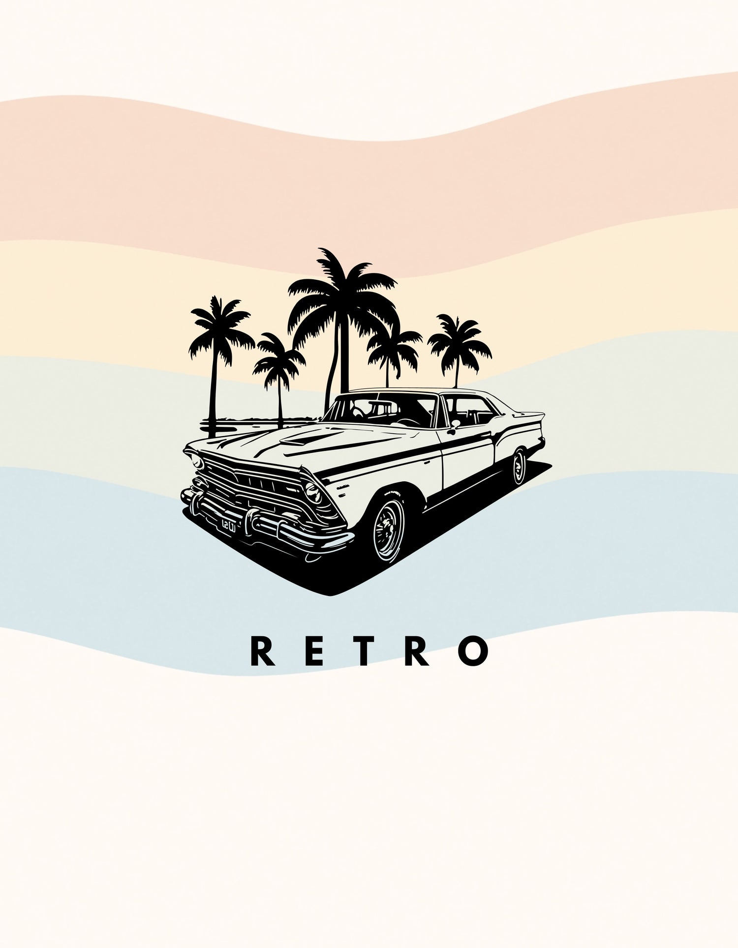 Vintage illustration of a classic American car parked among several palm trees, rendered in black and white. Positioned above the words “RETRO” in bold black and “COLLECTION” in grey.