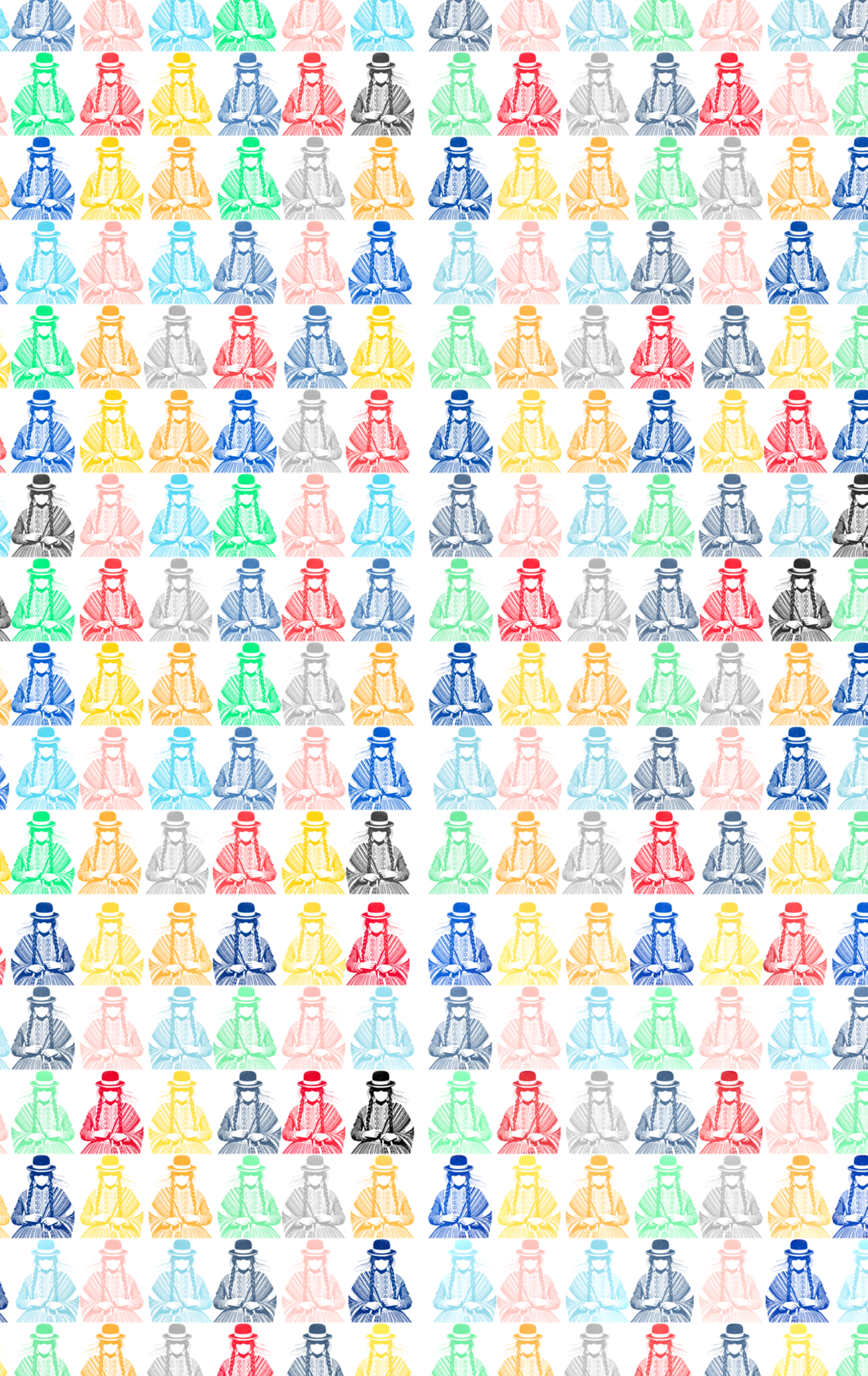 Pattern of colorful small figures on a white background