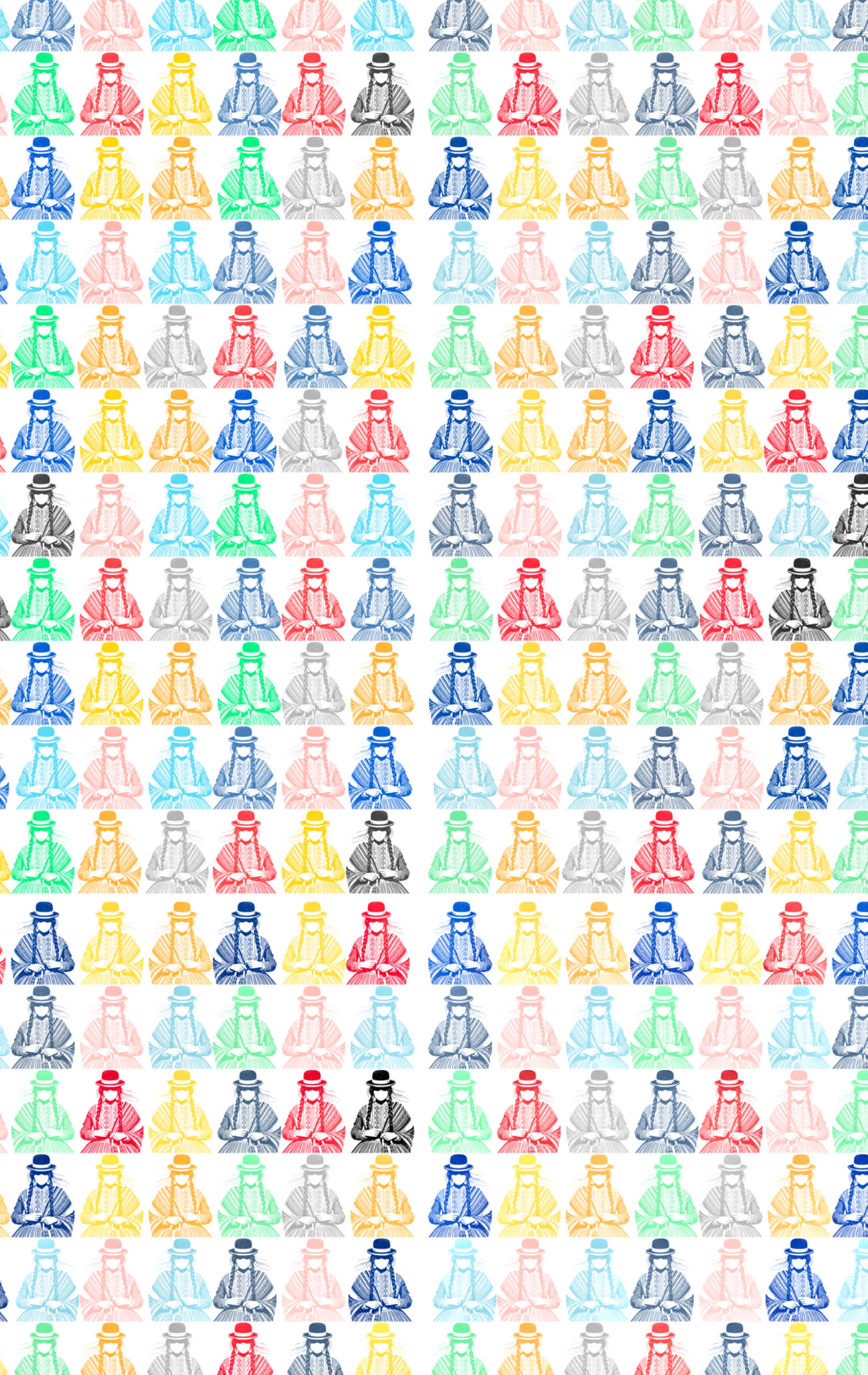 Pattern of colorful small figures on a white background