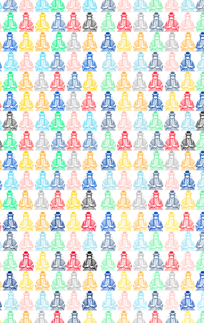 Pattern of colorful small figures on a white background