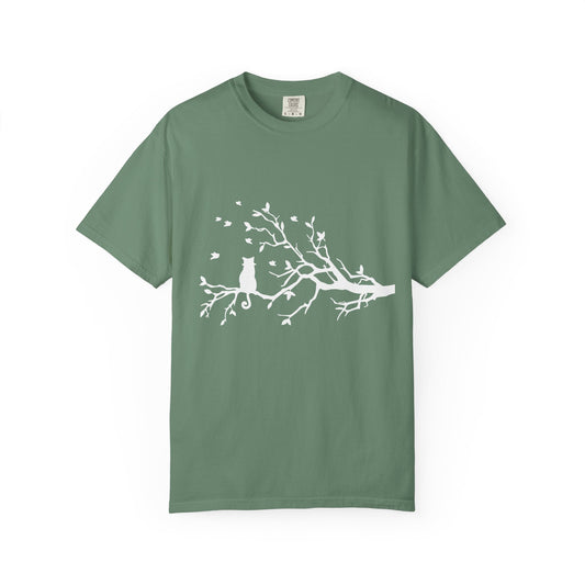 Whimsical Cat and Bird Branch T-Shirt