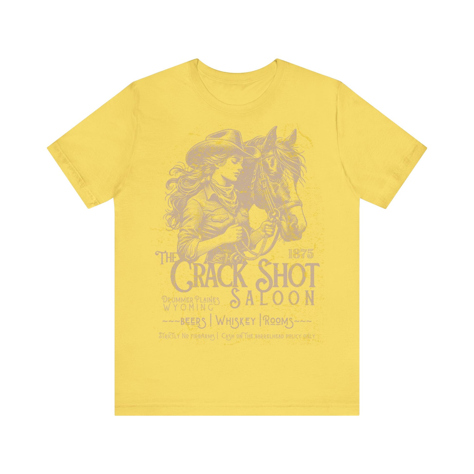 Yellow t-shirt with a graphic of a horse and person, and text on a white background