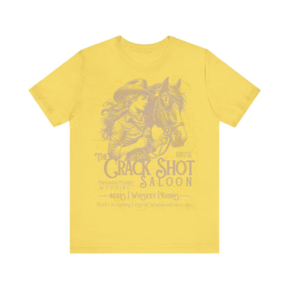 Yellow t-shirt with a graphic of a horse and person, and text on a white background