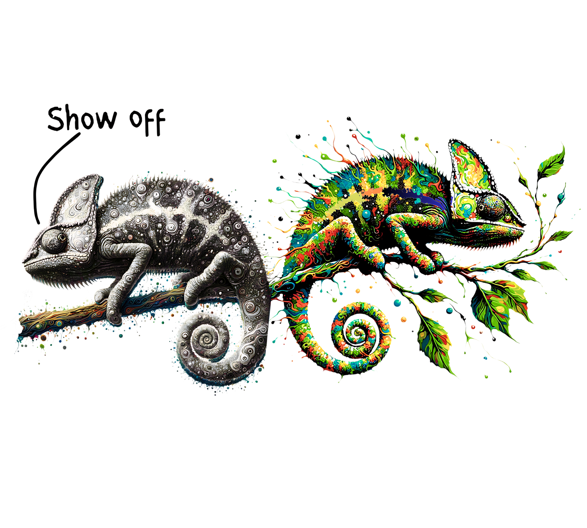 Two chameleons, one gray and one colorful, on a branch with the word 'Show off'.