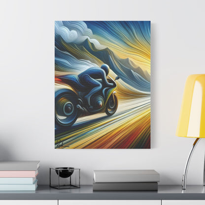 Abstract painting of a motorcycle on a wall above a shelf with books and decor items.