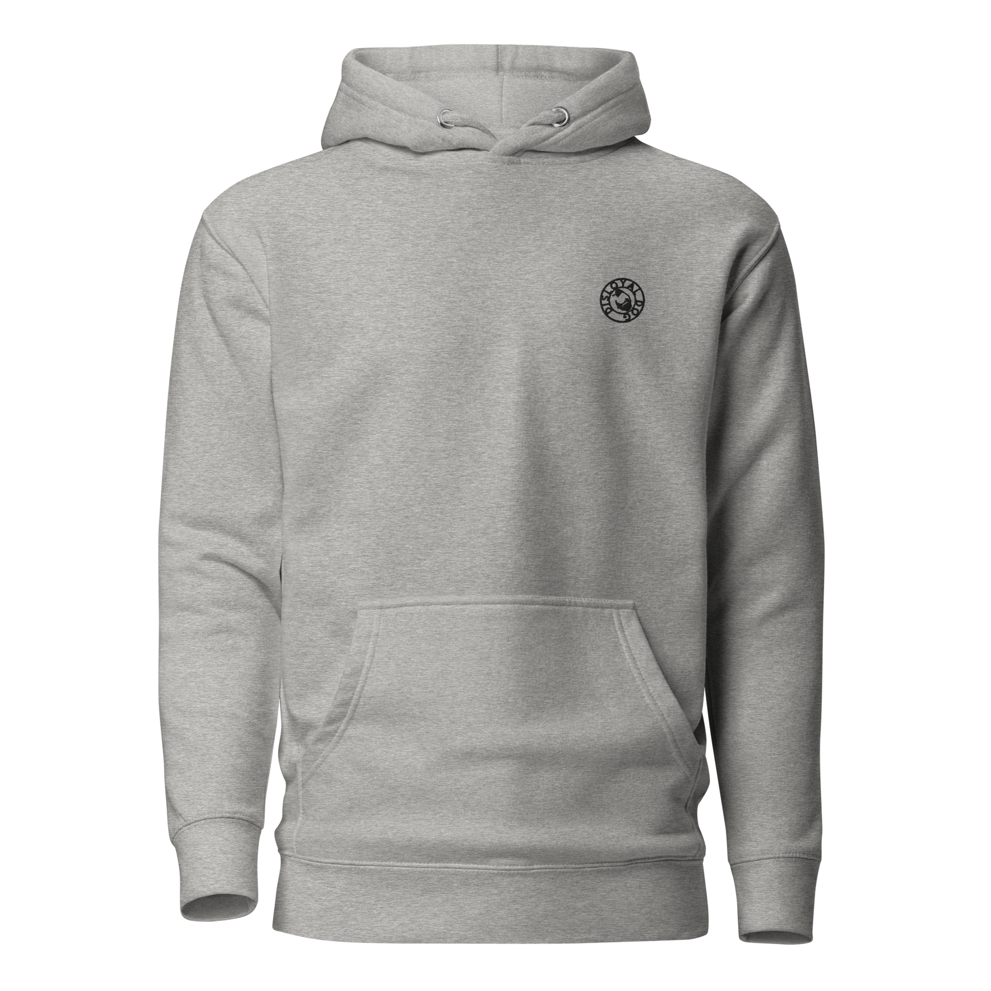 Gray hoodie with a small logo on the chest against a white background