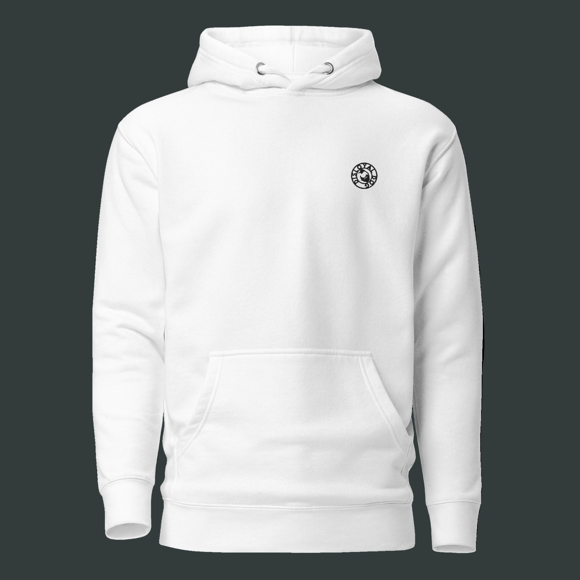 Disloyal Dog branded white hoodie with a smal, black, embroidered Disloyal Dog logo on the upper, left chest  area against a dark grey background