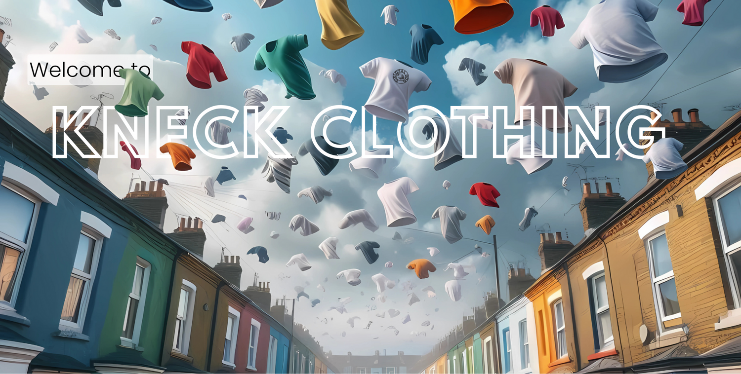 Colorful t-shirts floating in the sky above a row of houses with 'Kneck Clothing' text.