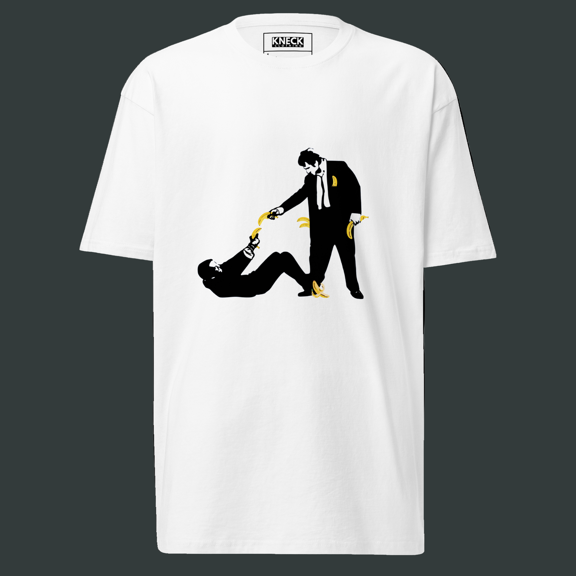 White t-shirt with Reservoir Dogs iconic graphic design of a man kneeling over another person,  with weapons, this time bananas.
