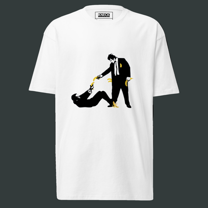 White t-shirt with Reservoir Dogs iconic graphic design of a man kneeling over another person,  with weapons, this time bananas.