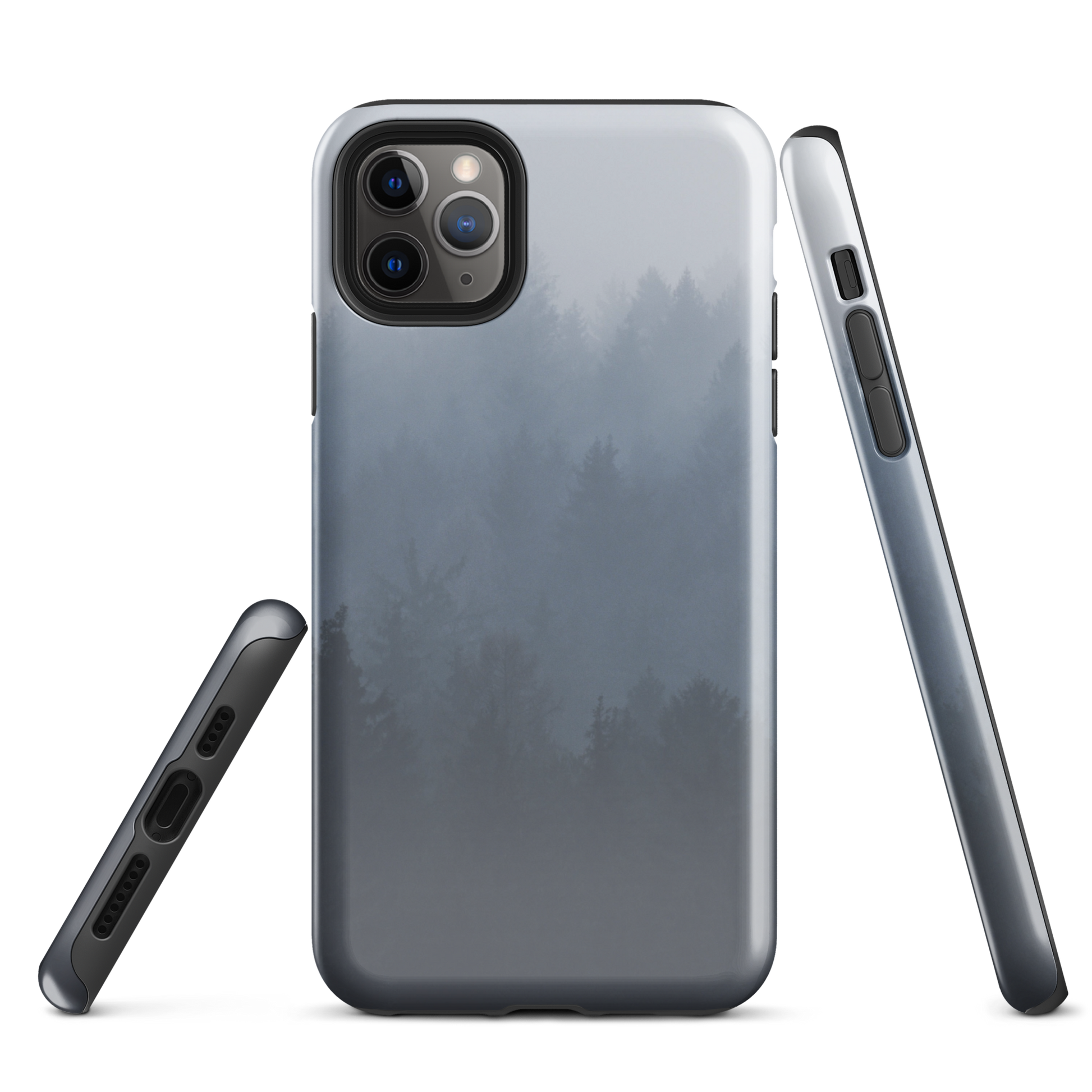 iPhone 13 case with a misty forest nature-themed design on a white background