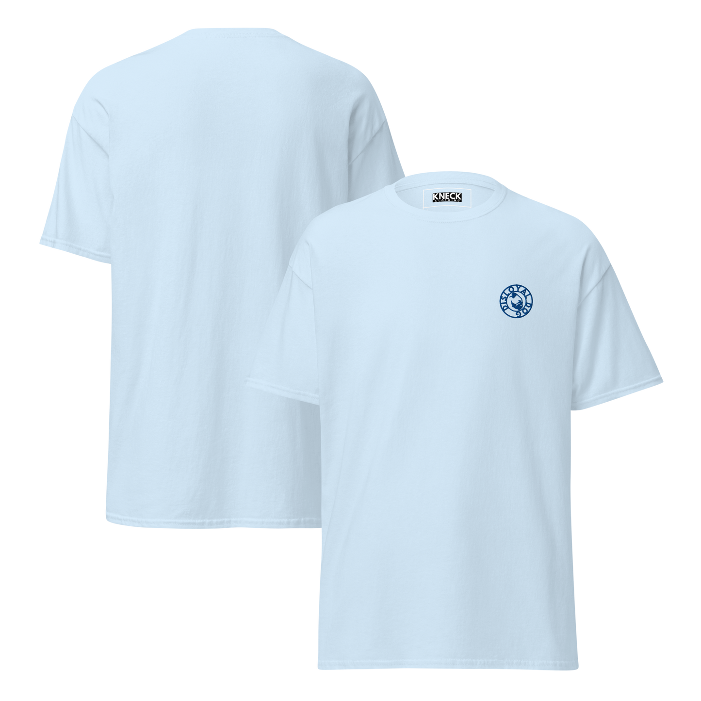 Light blue t-shirt with the Disloyal Dog logo on the chest, shown from front and back on  light grey background.